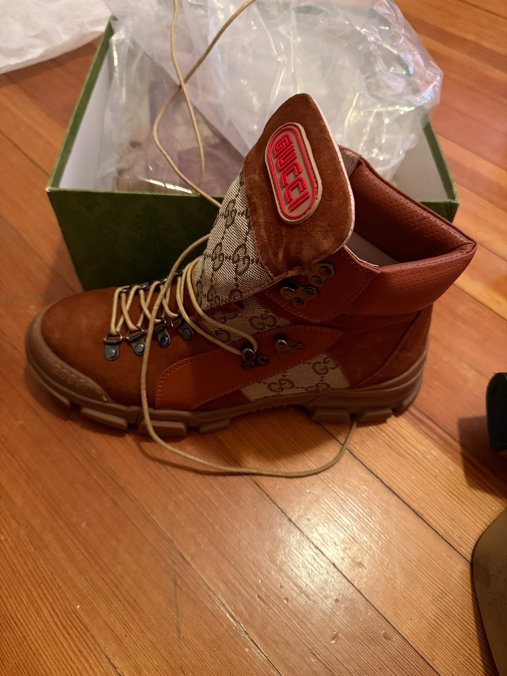 Gucci Tan/Brown Monogram Leather-Suede Hiking Boot